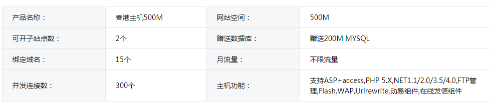 香港虚拟主机500M规格
